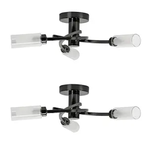 ValueLights Claudia Pair of Modern 3 Way Spiral Flush Black Chrome Ceiling Light Fittings with Glass Shades