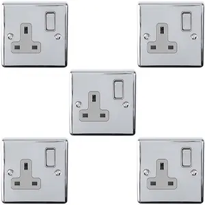 5 PACK 1 Gang Single UK Plug Socket POLISHED CHROME 13A Switched GREY Trim