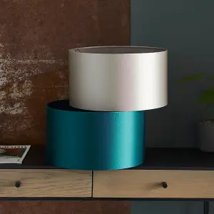 380mm Teal Satin Fabric Cylinder Lamp Shade - Rolled Edge - 10W E27 LED