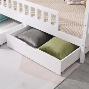 FurnitureHMD Modern Childrens Bed Solid Pine Wood Bed Frame House Bed with 2 Large Storage Drawers,White