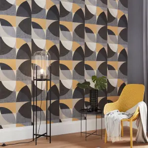 Galerie Elle Decoration Gold Mustard Grey Cream Geometric Circle Graphic Embossed Wallpaper