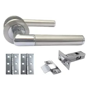 Straight Lever Rose Door Handles, Mitred Duo Chrome Satin Handle 64mm Latch & Hinges