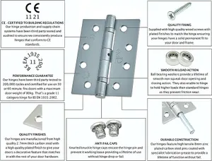 EAI - 4" Door Hinges & Screws G11 FD30/60  - 102x76x2.7mm Square - Satin Chrome - Pack of 2 Pairs