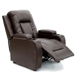 Manual Pushback Recliner Chair With Compact Living Room Design And Cup Holders In Brown Bonded Leather