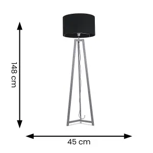 ValueLights Lottie Grey Wood Tripod Floor Lamp with Black Drum Shade - LED Bulb Included