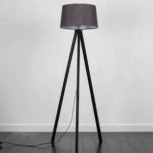 ValueLights Barbro Modern Black Wood Tripod Floor Lamp with Grey Tapered Shade - Includes 6w LED GLS Bulb 3000K Warm White