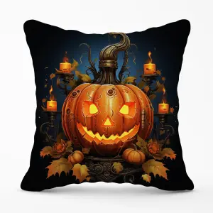 Spooy Pumpkin With Leaves And Small Candles Cushions 60cm x 60cm