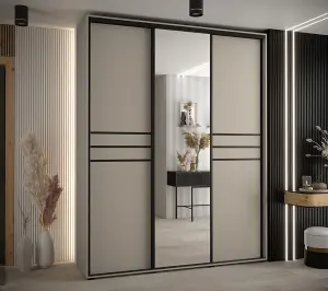 Luxurious Cashmere & Black Sliding Door Wardrobe H2350mm W1900mm D600mm - Spacious Design with Mirrored Panel