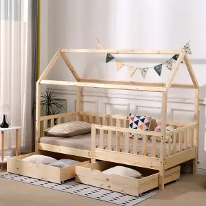 FurnitureHMD Wooden Kids Bed Frame,Solid Pine Wood,3 FT Single House Bed Frame,Chidren Floor Bed with Two Drawers