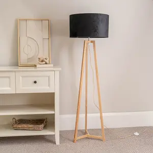 ValueLights Lottie Natural Wood Tripod Floor Lamp with Black Velvet Drum Shade - LED Bulb Included