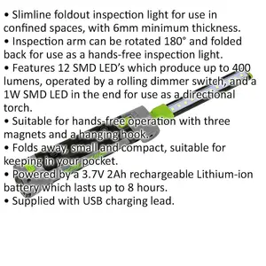 Slimline Inspection Light - 12 SMD + 1W SMD LED - Rechargeable - 400 + 70 Lumens