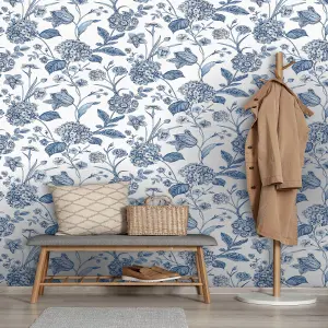 Rasch Hydrangea Blue Printed Wallpaper Roll Bedroom Hallway Wall Decor Full Roll