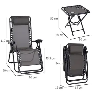 3 Piece Folding Zero Gravity Grey Chair Set with Table / Ultimate Comfort for Outdoor Relaxation