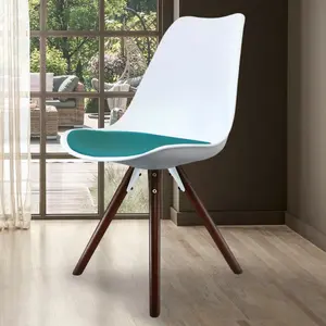 Soho White & Teal Plastic Dining Chair with Pyramid Dark Wood Legs