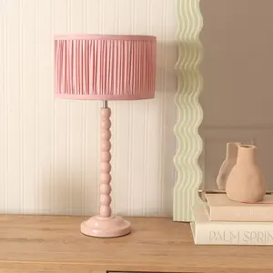 ValueLights Bobbins Painted Rose Table Lamp with Ruched Pleated Blush Pink Drum Lamp Shade and LED Bulb