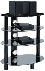 Centurion Supports HALIGON 4-Shelf Oval Premium Black Glass with Black Legs AV Rack