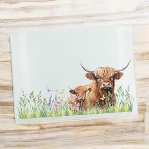 Purely Home Large Rectangular Highland Cow Mum & Calf Glass Chopping Board