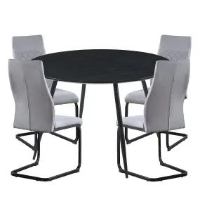 Hallowood Furniture Cullompton Large Round Black Dining Table 120cm with 4 Grey High Back Chairs