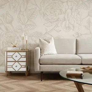 Gentle Roses Mural In Mushroom And Cream (300cm x 240cm)