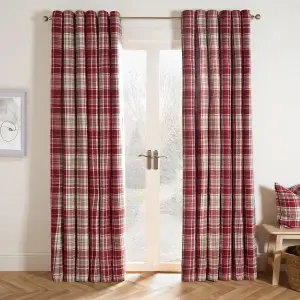 Woven Check Print Pair of Curtains, Red - 66 x 72