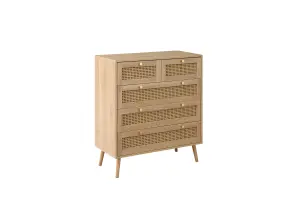 Brown Oak Chest of 5 Drawers Rattan Mid Century Modern