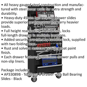 Premium Heavy Duty 15 Drawer Tool Chest and Rollcab Bundle with 147 Piece Tool Kit in Black