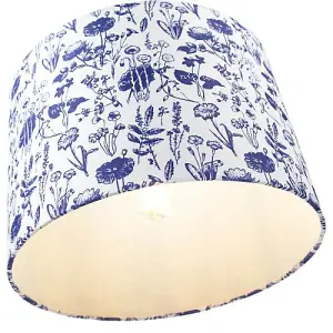 White Cotton 12 Drum Lamp Shade with Blue Floral Decoration and Inner Lining