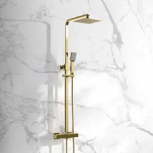 Aquarius Square Thermostatic Adjustable Overhead Shower and Kit Brushed Brass