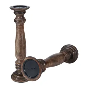 Rustic Antique Carved Wooden Pillar Church Candle Holder Light Brown, Large 31cm High