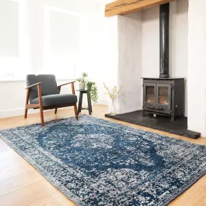 Grey Blue Distressed Traditional Medallion Reversible Chenille Living Area Rug 115x170cm