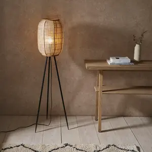 Luminosa Zaire Complete Floor Lamp, Natural Linen, Natural Bamboo, Matt Black