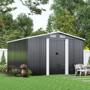 10 x 8 ft Metal Shed Garden Storage Shed Apex Roof Double Door with Base Foundation, Charcoal Black