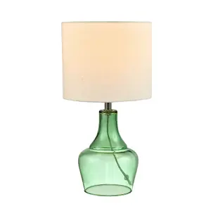 Modern Emerald Green Glass Lamp with Natural Linen Fabric Shade and Clear Cable