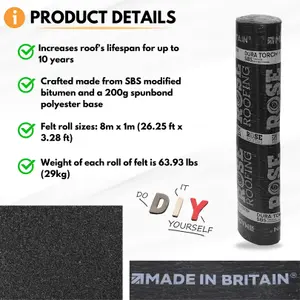 Premium Torch-On Heavy Duty Roofing Felt - Durable Mineral Capsheet - SBS Modified Bitumen Membrane 8m Roll x 1m Wide Black