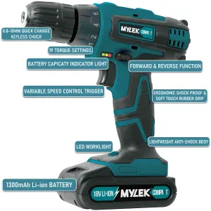 MYLEK 18V Cordless Li-ion Drill And Screwdriver Set With 13 Piece Accessory Kit