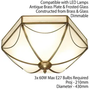 Luxury Flush Ceiling Light Antique Brass & Frosted Glass Traditional Hexagon