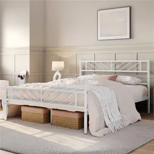 Minimalist Metal Slatted Bed Platform with Arrow Design Headboard White / Double (4'6)