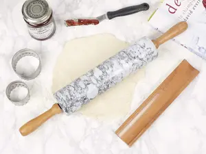 Homiu Marble Rolling Pin for Baking with Wooden Stand Easy Clean Hard-Wearing Speckle Finish Non-Stick