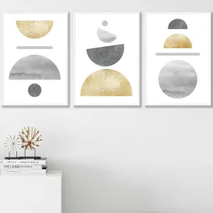 Set of 3 Golden Yellow and Grey Abstract Mid Century Geometric Wall Art Prints / 42x59cm (A2) / White Frame