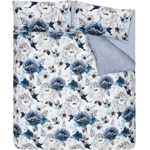 Sleepdown Inky Floral Blue Duvet Set Quilt Cover Reversible Polycotton Bedding Double