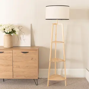 ValueLights Hiru 3 Tier Shelved Wooden Floor Lamp with Linen Black Trim Drum Shade