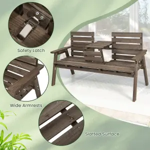 Costway Garden Wood Bench w/ Foldable Middle Table Outdoor 2-3 Person Slatted Seat Bench