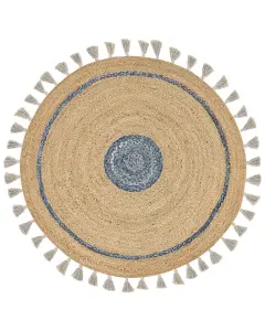 Round Jute Area Rug 140 cm Beige and Blue OBAKOY