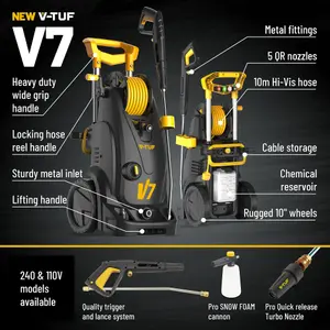 V-TUF V7 110v 150Bar, 7L/min Tough DIY Site Electric Pressure Washer - With Professional Accessories & 10M Hose Reel