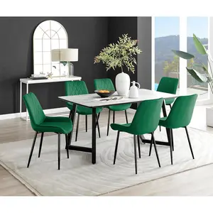 Industrial Design White & Grey Marble Effect Melamine Dining Table Set with 6 Luxury Velvet Chairs Green/Black