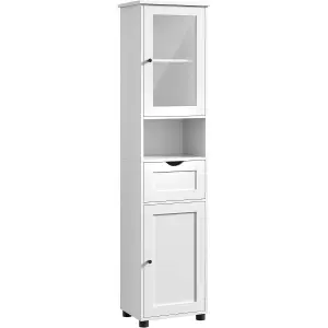 VASAGLE Tall Bathroom Cabinet Free Standing, Slim Bathroom Storage Cupboard, Open Shelf, Glass Door, Space-Saving, Cloud White