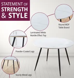 Hallowood Furniture Cullompton Large Round White Marble Effect Dining Table 120cm with 4 Curved-back Grey Fabric Chairs