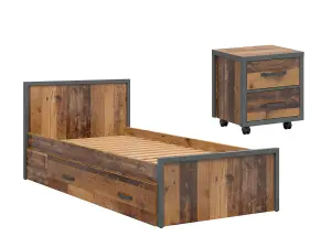 Single Bed + Storage Drawer + Bedside Cabinet Grey Rustic Oak Pine Effect Weston