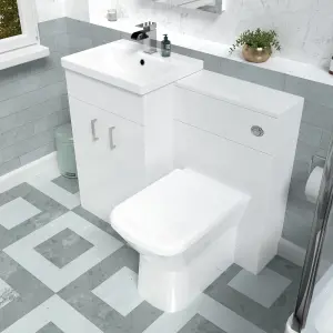 Nes Home White Vanity Basin Cabinet, WC Unit & Rimless Back To Wall Toilet