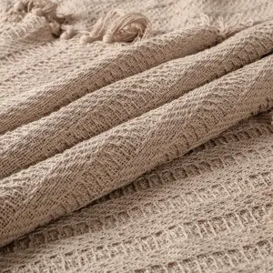 Nevni Decorative Rustic Cotton King Size Throw Blanket With Fringes For Sofa, Bed, Armchair, Couch 225 x 250 cm - Mocha